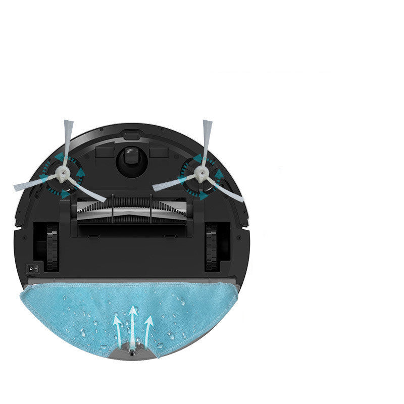 Robot vacuum underside with rotating brushes and blue cleaning pad