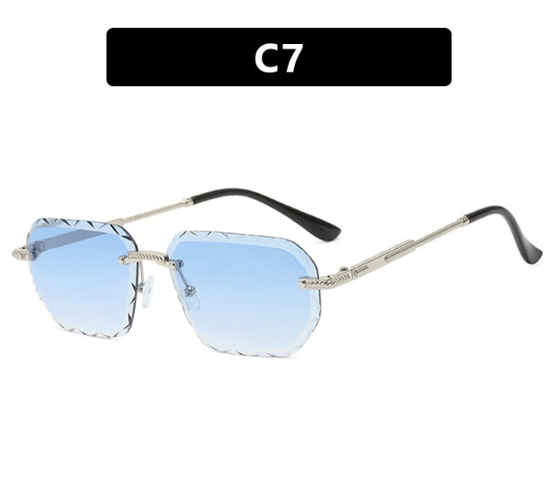 Square small sunglasses with metal trim, light blue lenses and black arms