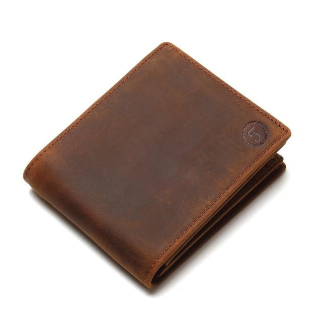 Tan-brown leather men's short vertical wallet, smooth face with small embossed emblem