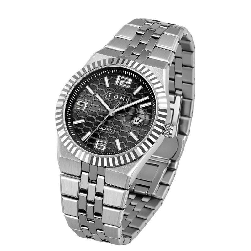 Men's minimalist quartz dress watch with silver metal bracelet and black honeycomb dial
