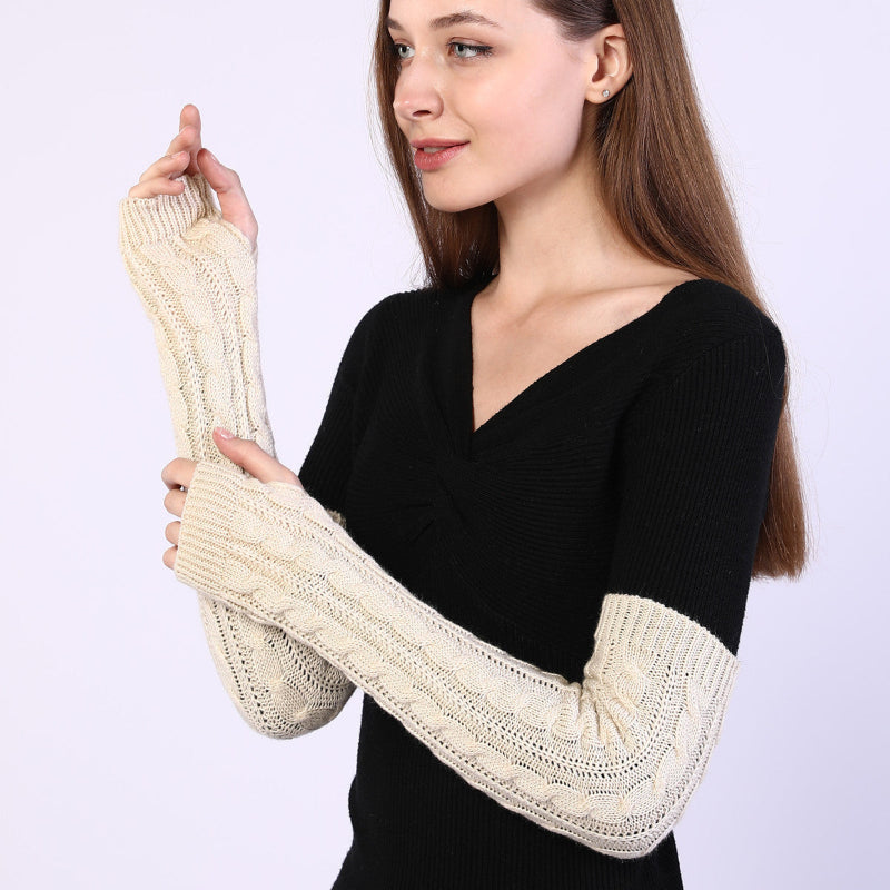 Twist-knit fingerless arm warmers in cream beige, long sleeves with lace cable texture