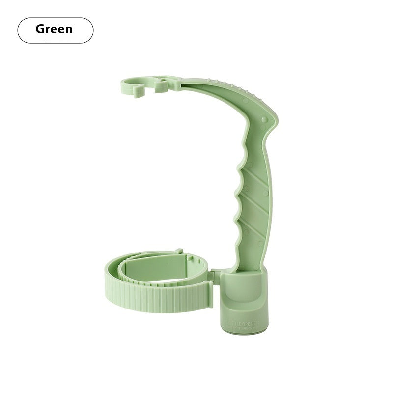 Green adjustable bottle handle holder with bottle opening ring and ribbed grip