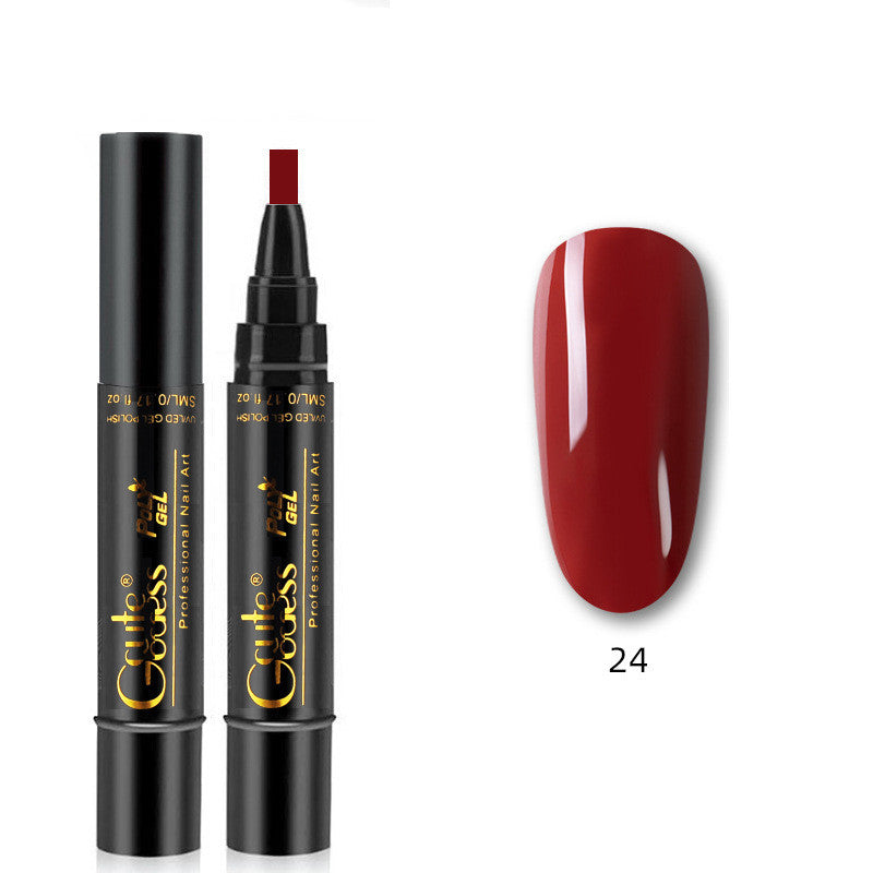 Deep red nail glue pen with applicator tip and red nail swatch, shade 24