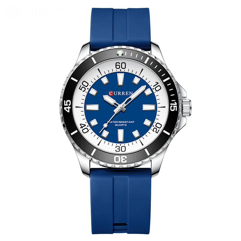 CURREN quartz watch with blue dial and strap, white minute ring and black bezel