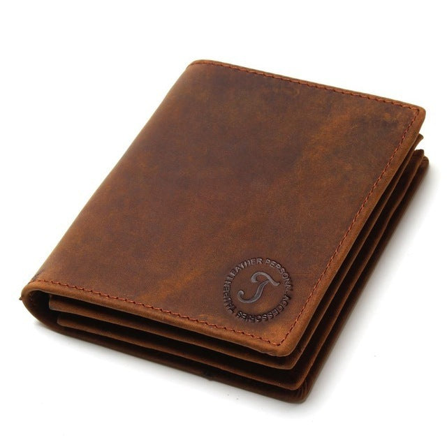 Brown leather men's short vertical wallet with embossed logo on the front