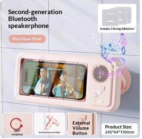 Waterproof phone box with Bluetooth speaker, light pink housing, front phone window