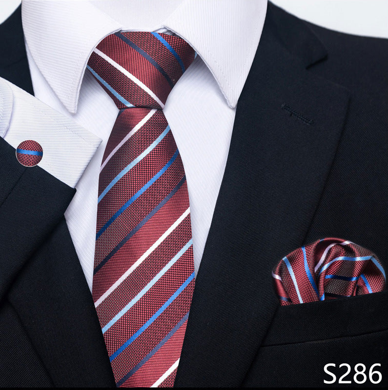 Men's formal tie scarf cuff buckle set with red, navy, and white stripe tie plus pocket square