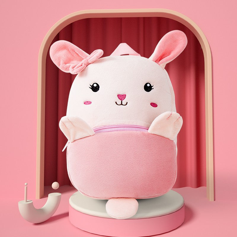 Plush kids backpack with cute rabbit face, pink bow ears, and rounded body