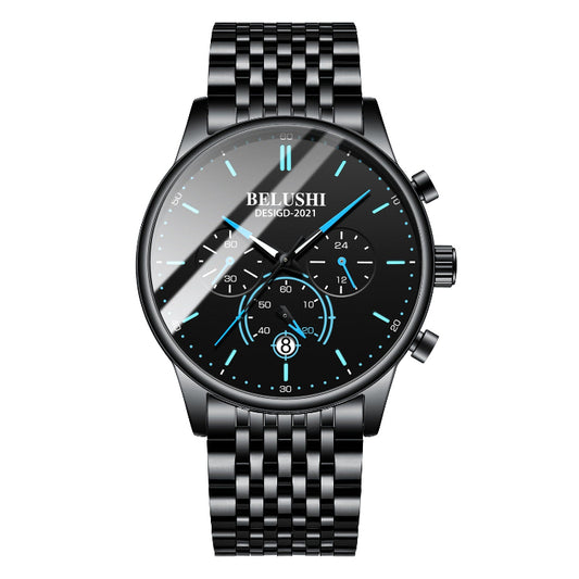Black wristwatch with detailed face on a white background, featuring the brand 'BELUSHI'.