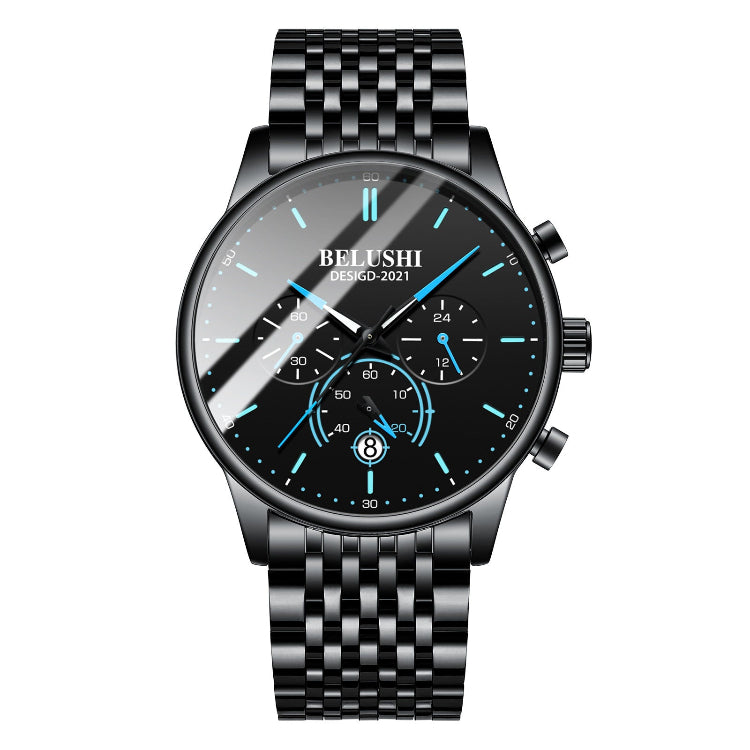 Men's black quartz watch with blue accent dial and stainless steel bracelet.