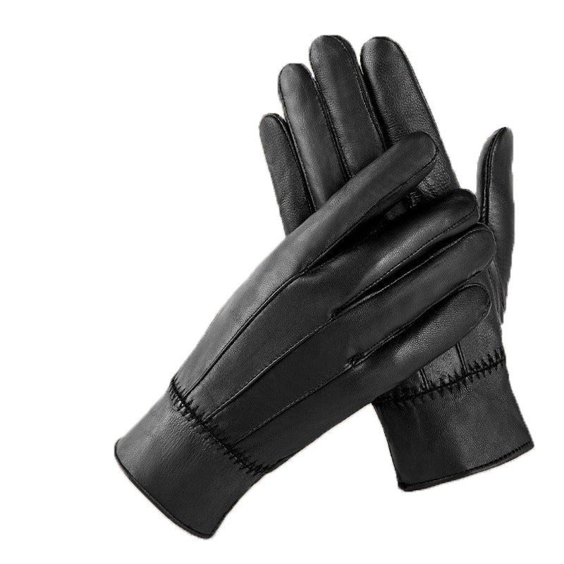 Black leather women's gloves in clasped pose, stitched palm panels and reinforced cuff.