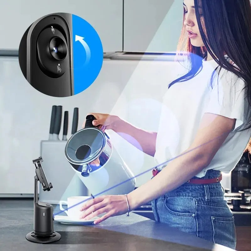 Black phone holder with mounted smartphone and rotating head mechanism close-up