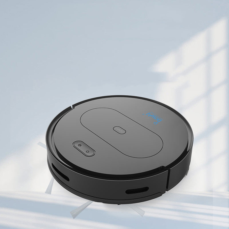 Black round sweeping robot with top control panel and start buttons