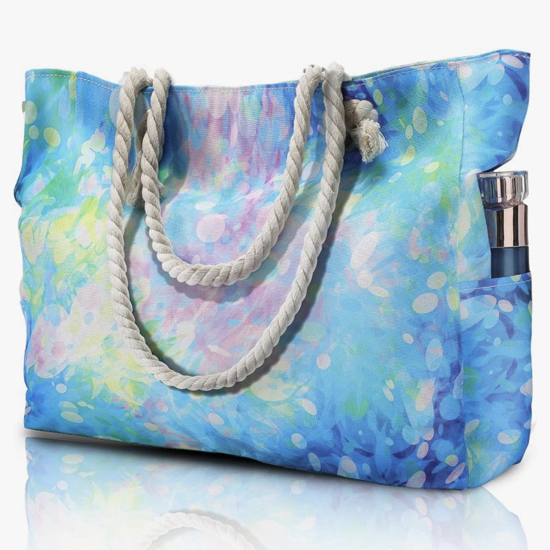 Printed polyester shoulder bag with watercolor blue pattern, braided rope handles, open top