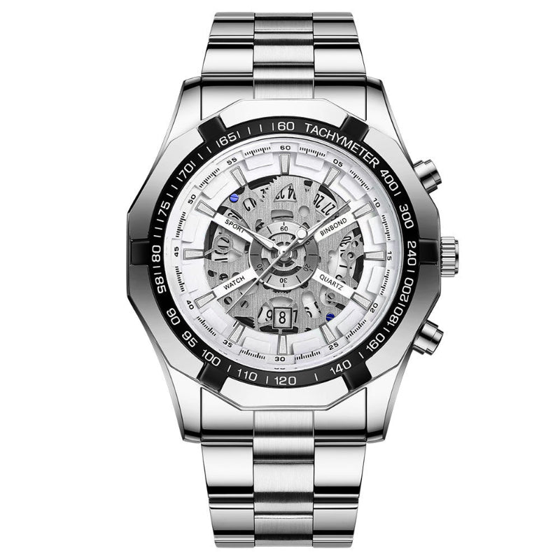 Men's skeleton quartz watch with silver metal band and white skeleton dial