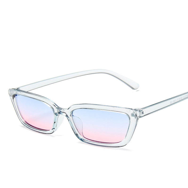 Clear rectangle resin sunglasses with iridescent pink-tinted lenses