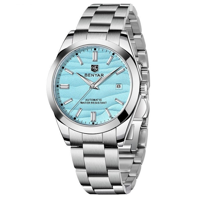 Men's automatic watch with turquoise blue dial and silver metal bracelet