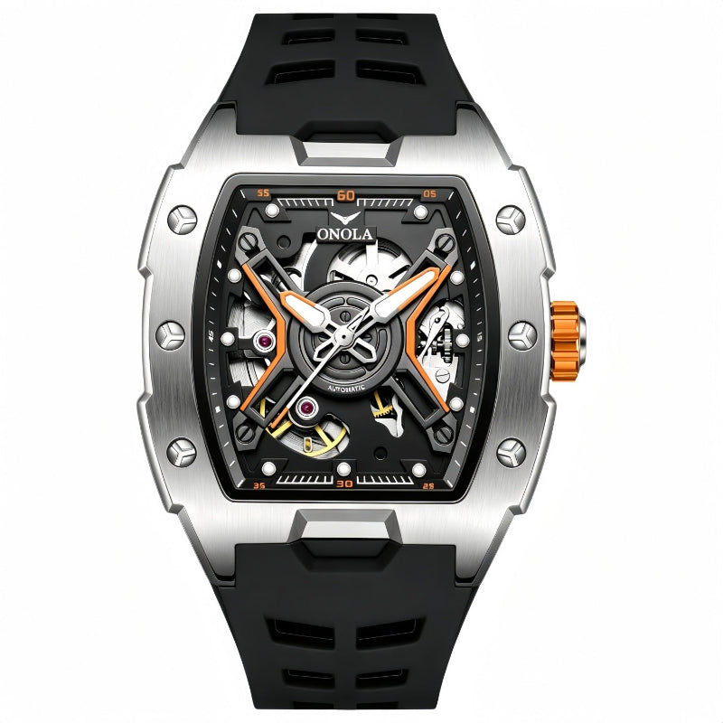 Men's automatic mechanical watch, black silicone strap, silver-toned case