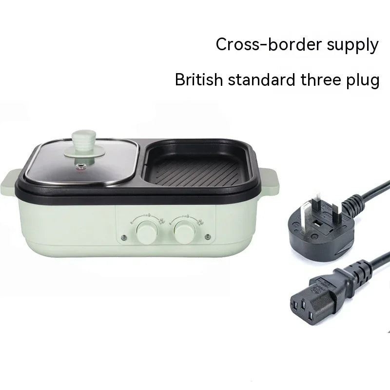 Light green dual-zone electric cooking pot with UK-style plug and power cord