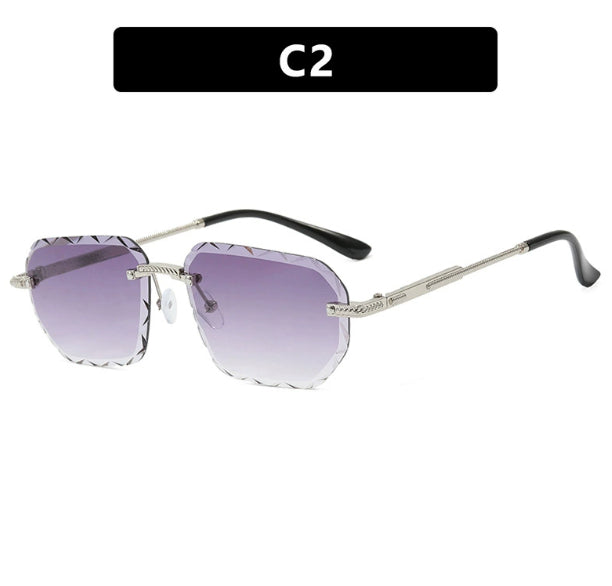 Square small sunglasses with metal trim, purple tinted lenses and black arms