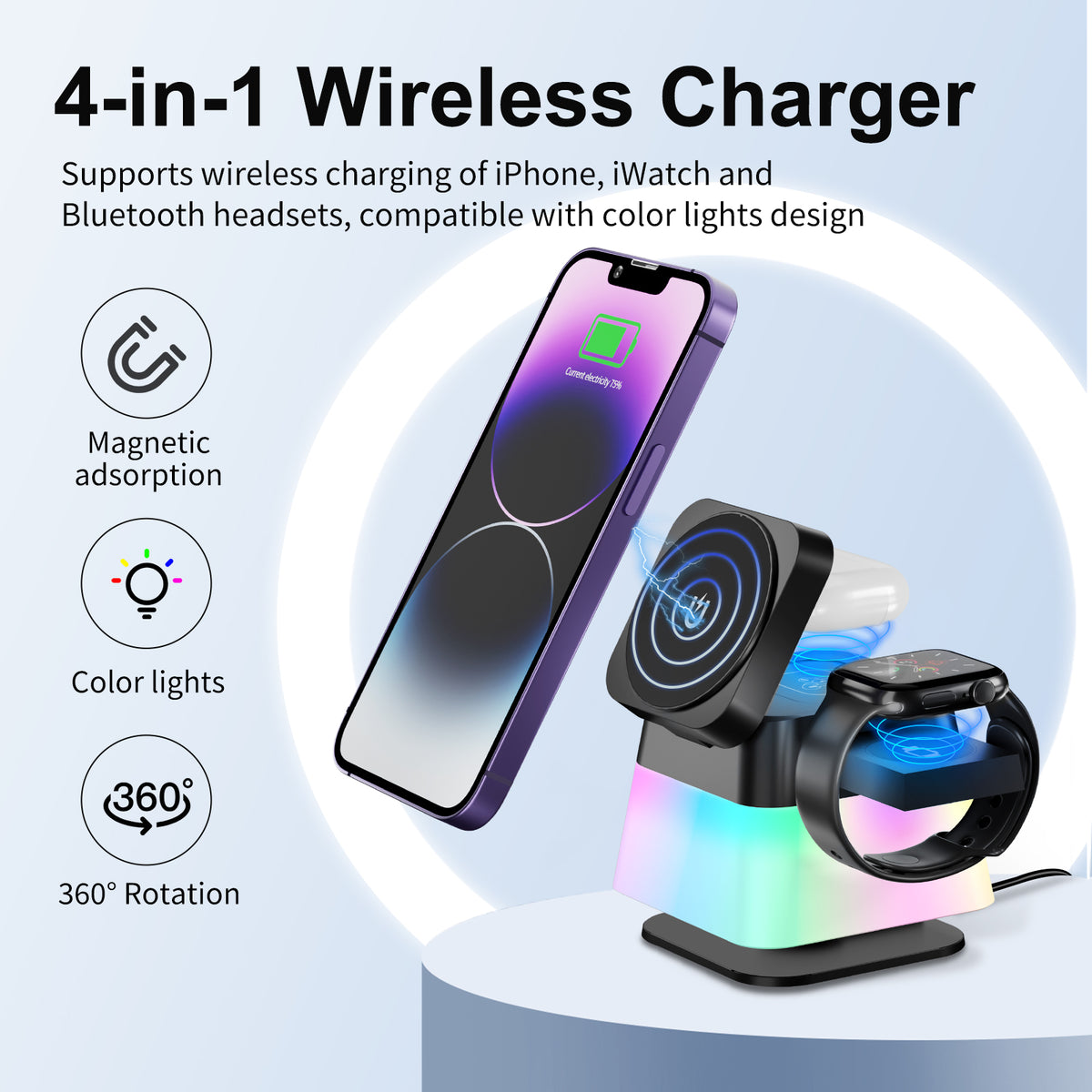 4-in-1 rotatable wireless charger stand with RGB lights, phone, watch, and earbuds