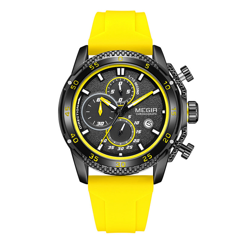 Men's sport quartz watch with yellow silicone strap and black dial with yellow accents