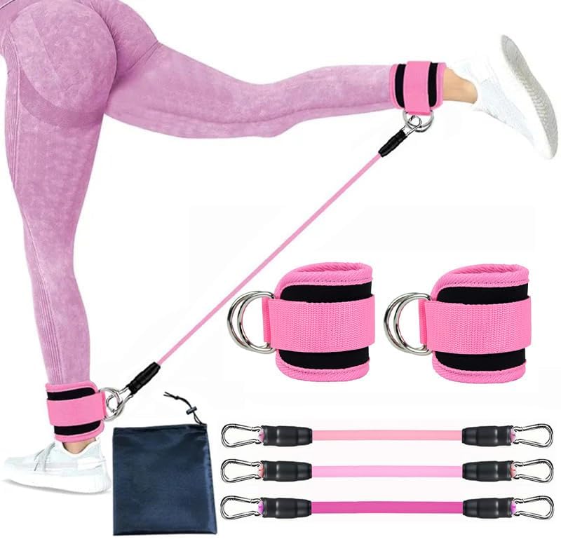 Ankle resistance bands kit with pink cuffs, pink strap, and metal hooks