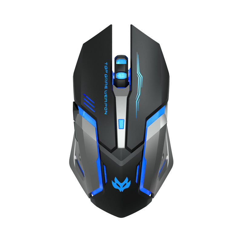 Black wireless gaming mouse with blue LED accents and angular top design