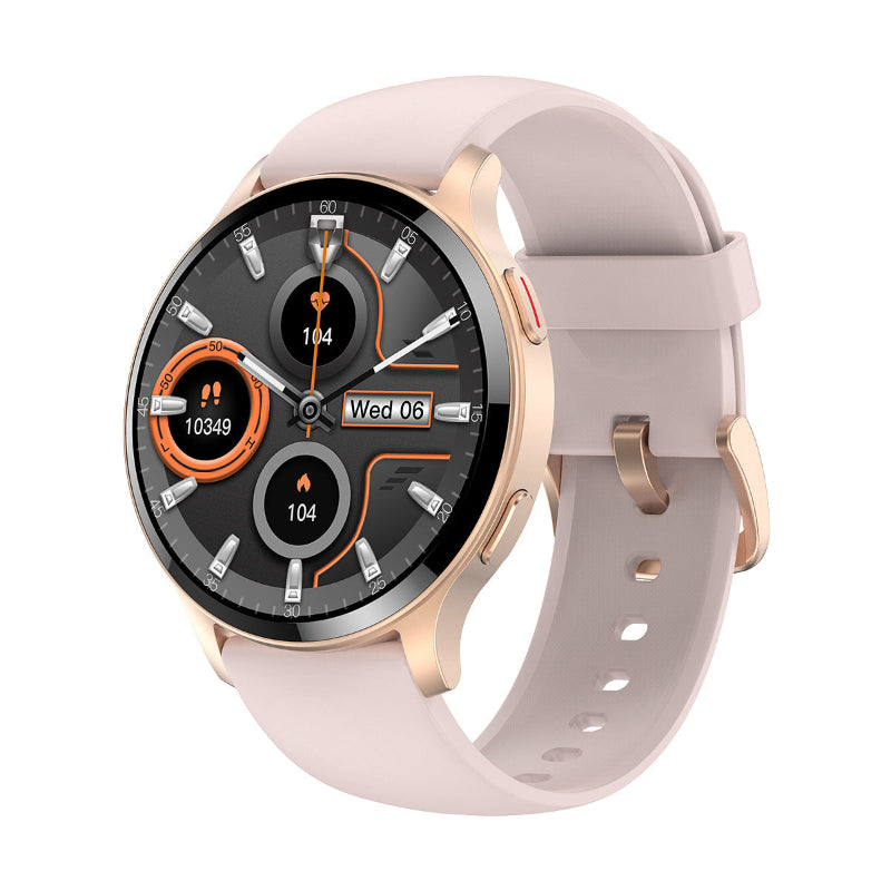 Rose gold smartwatch with black dial and light blush silicone strap, Wed 06 widget