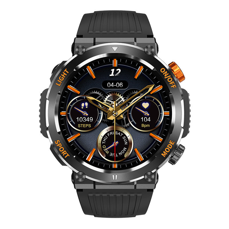 Black sport smartwatch with round face, orange trim, heart and steps icons, rubber strap