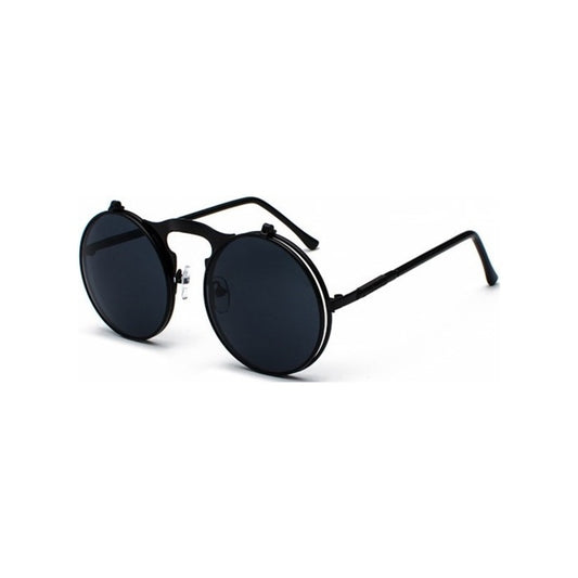Round black sunglasses with thin metal frame on a white background