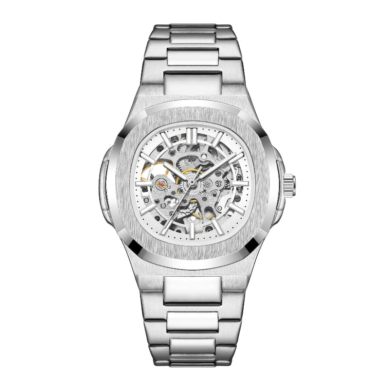 Men's mechanical skeleton watch with silver metal bracelet and open see-through dial