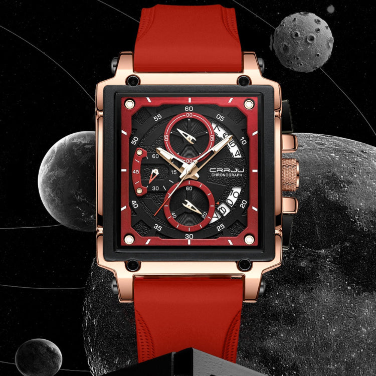 Sport square quartz watch with red silicone strap, rose gold case, red multi-dial face
