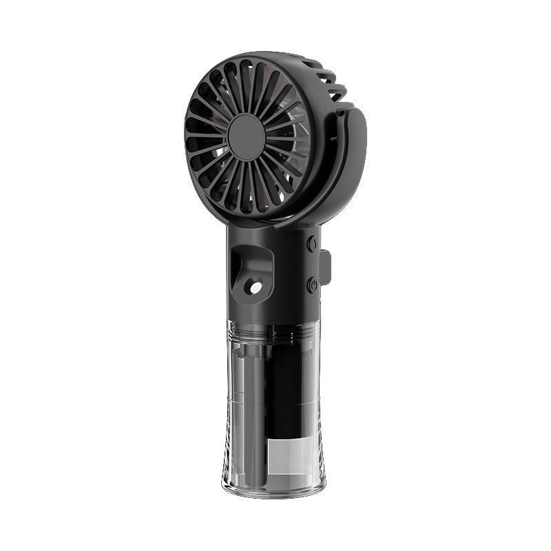 Portable 4-speed handheld fan in black with clear base cup and side grip handle