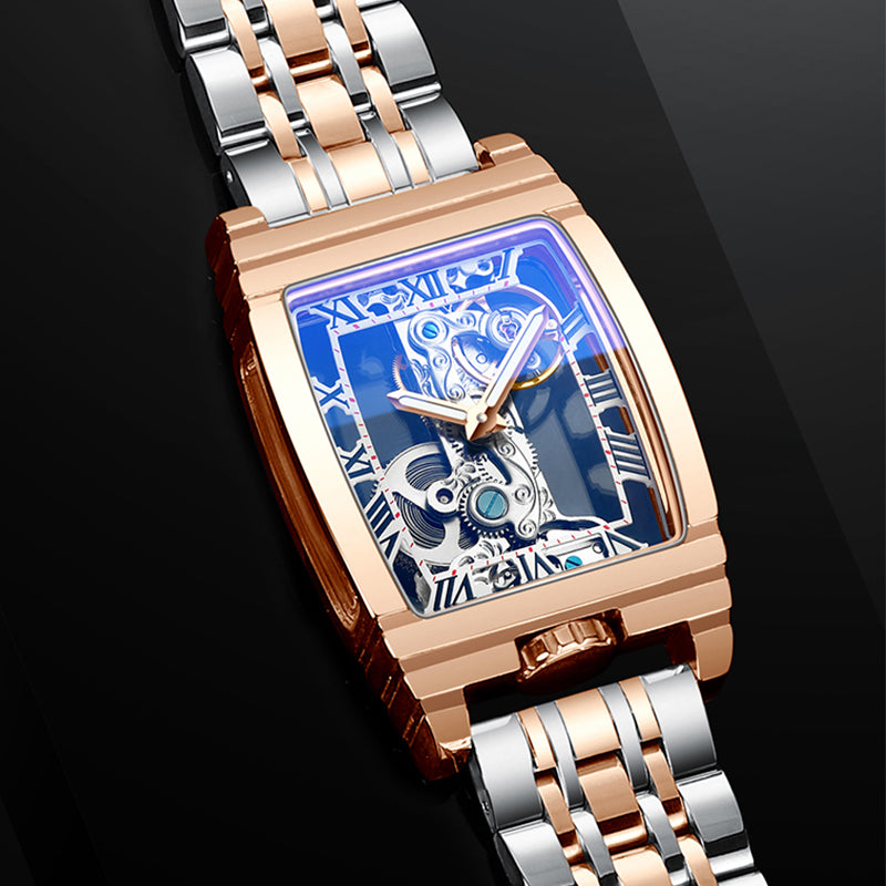 Two-tone skeleton mechanical watch with rose-gold case, metal bracelet, and blue dial