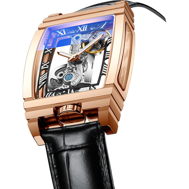 Rose gold skeleton mechanical watch with black leather strap and blue openwork dial