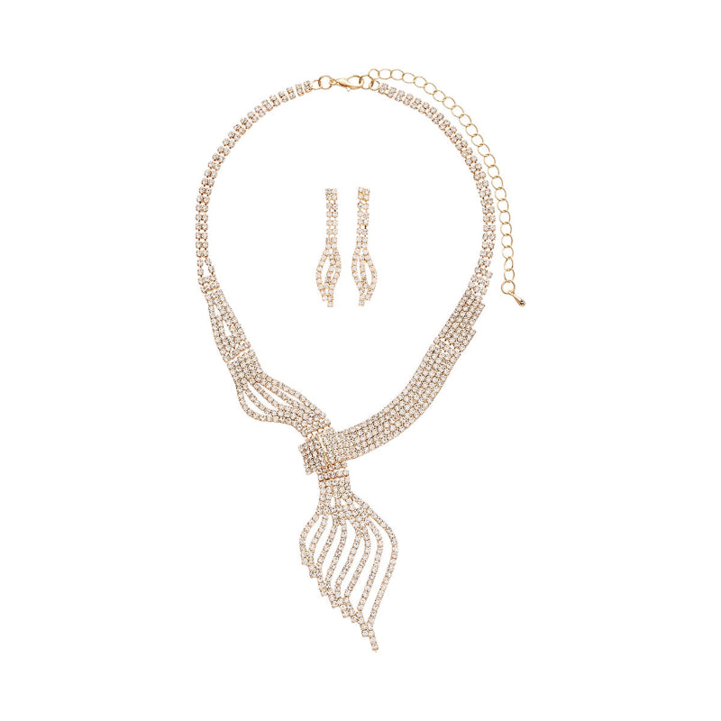 Gold-tone rhinestone curved choker necklace with dangling earrings set