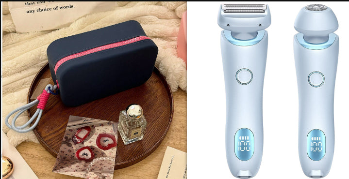 Women’s epilator and trimmer with blue zipper pouch and two light blue charging units