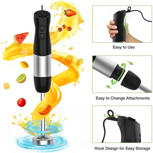 Black and silver immersion blender with fruit and liquid splashes on a white background