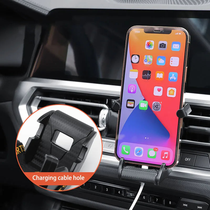 Racing seat car phone holder holding a smartphone with side charging cable cutout