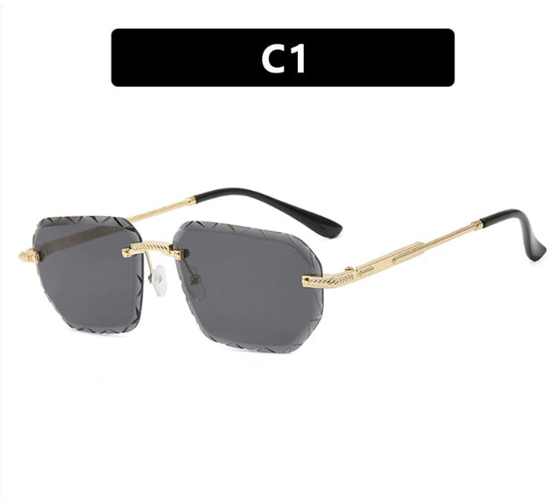 Square small metal sunglasses with dark gray lenses, gold frame and black temples