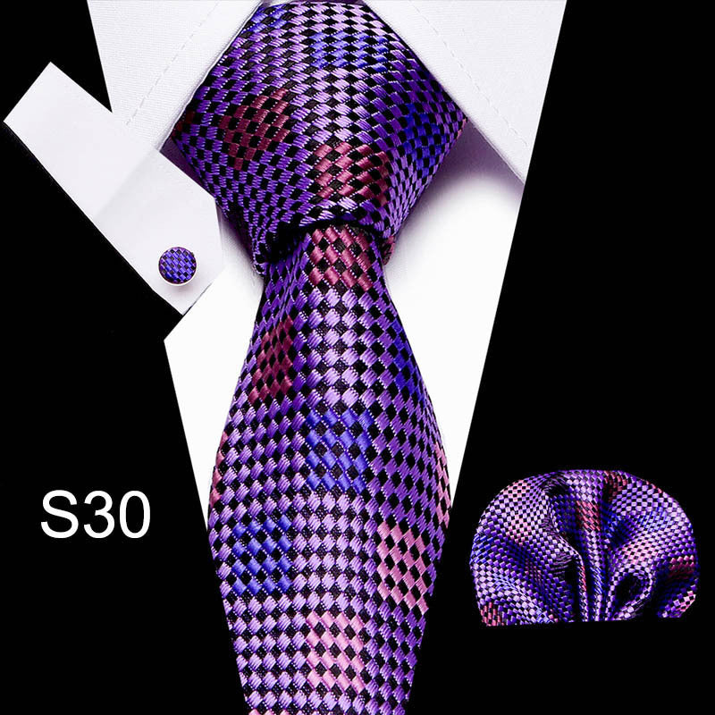 Men's business tie in purple with blue and pink check pattern