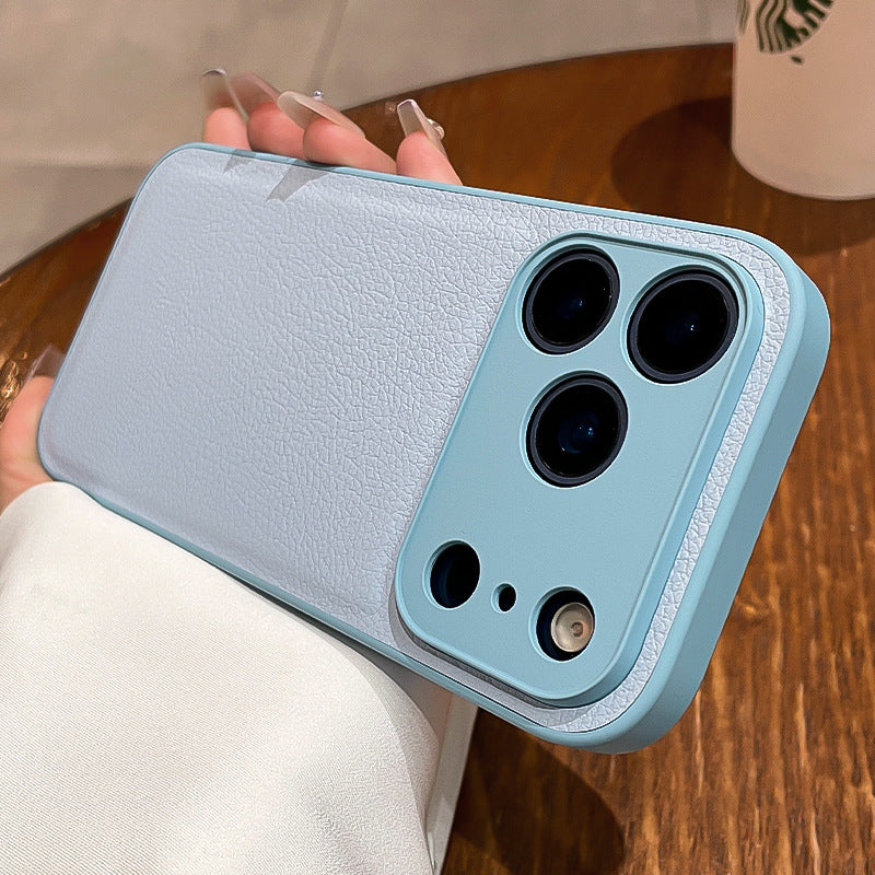 Light blue textured phone case with raised camera bump and cutouts for lenses and flash.