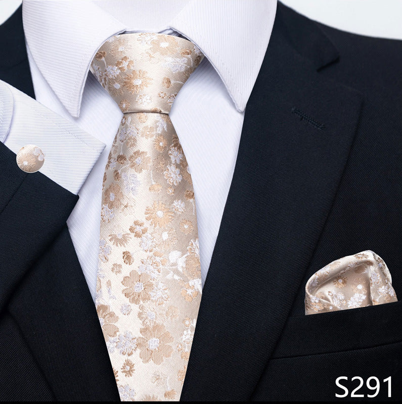 Men's formal beige floral tie set with matching pocket square and cuff link
