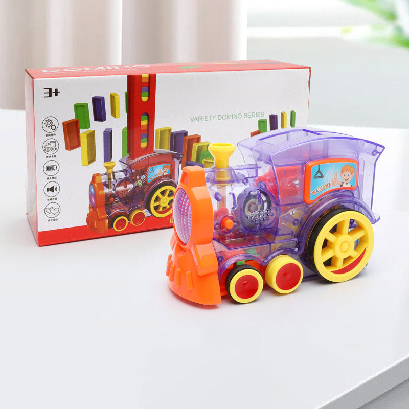 Colorful domino train toy car with transparent body and matching product box