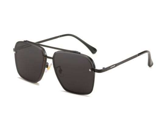 Men's sunglasses with double bridge metal frame and dark lenses, front side view