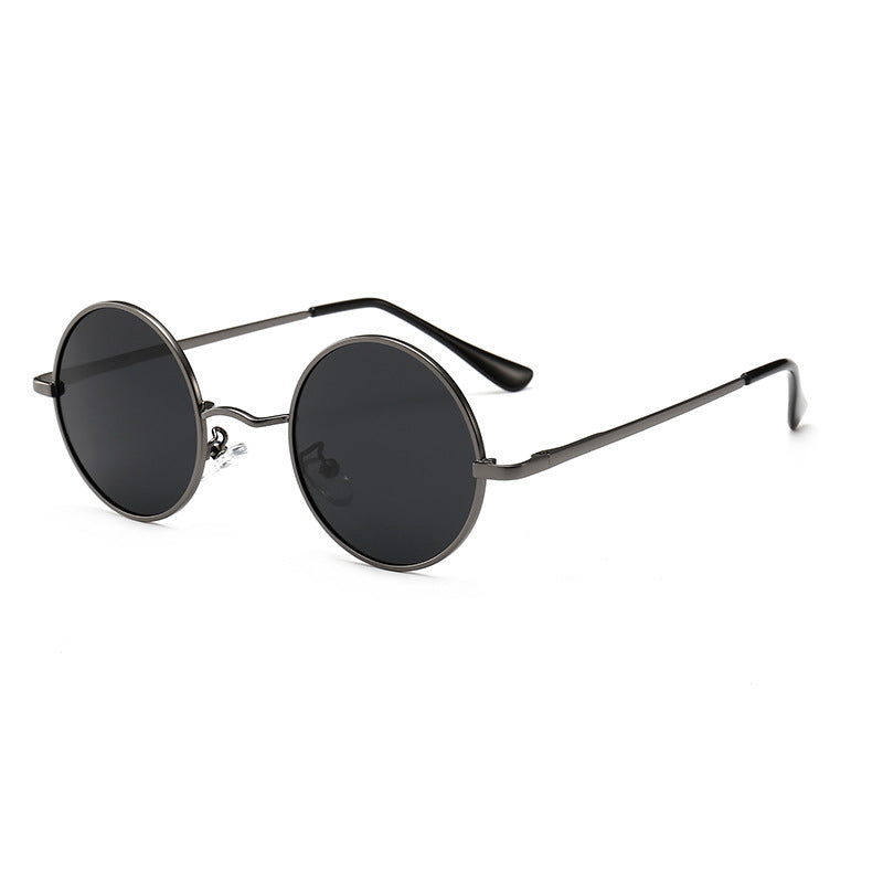 Round polarized sunglasses with dark lenses and black-accent metal frame