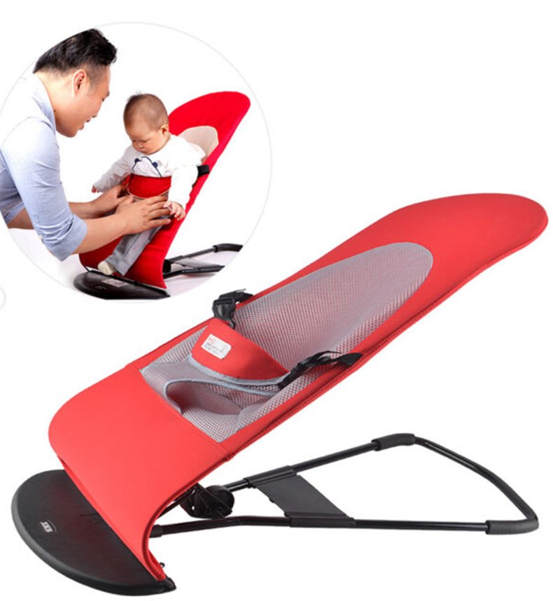Red baby bouncer with gray mesh seat and black frame, shown with a baby seated in it
