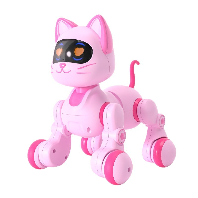 Pink pet robot cat toy with black visor eyes, long tail, and rounded paws