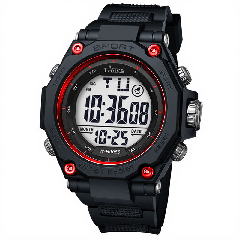 Black sports watch with large round digital display and red accent screws, silicone strap